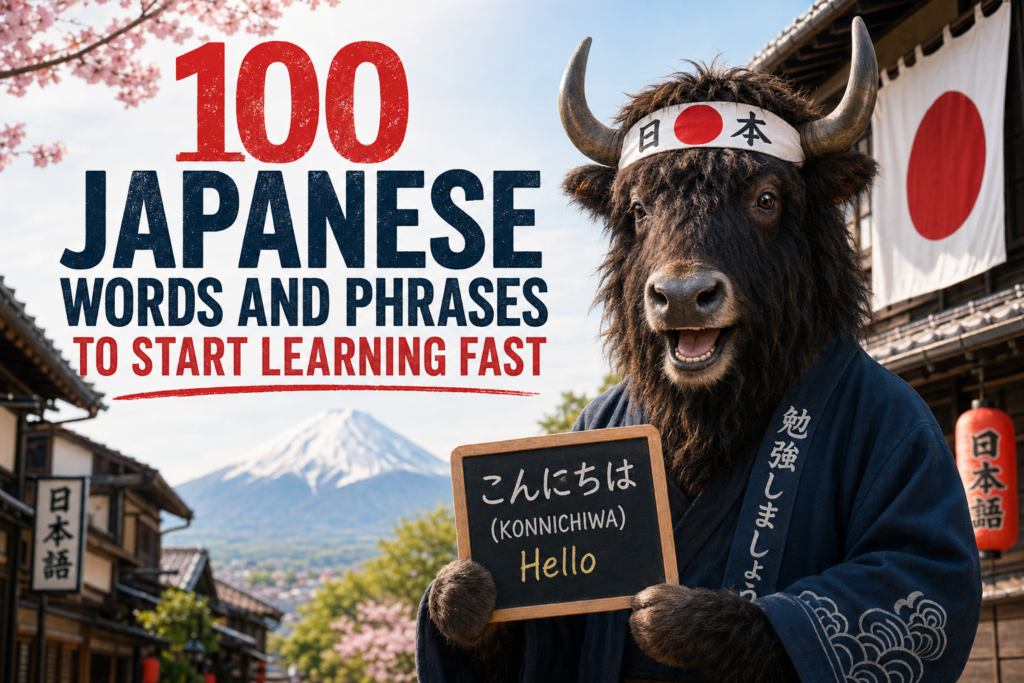 Illustrated guide featuring 100 essential Japanese words and phrases for beginners, with Japanese characters and simple trans