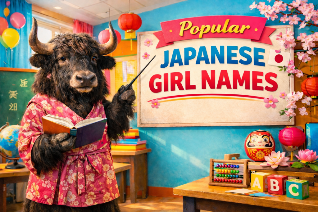 A personified yak Japanese teacher that explains popular girl names in Japanese with kanji, rōmaji, and meanings.