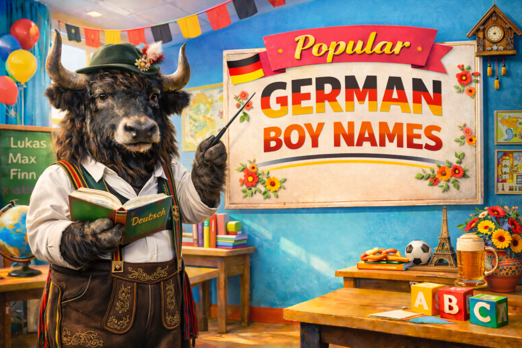 A personified yak German teacher that teaches German boy names, popular German baby boy names, and name meanings.
