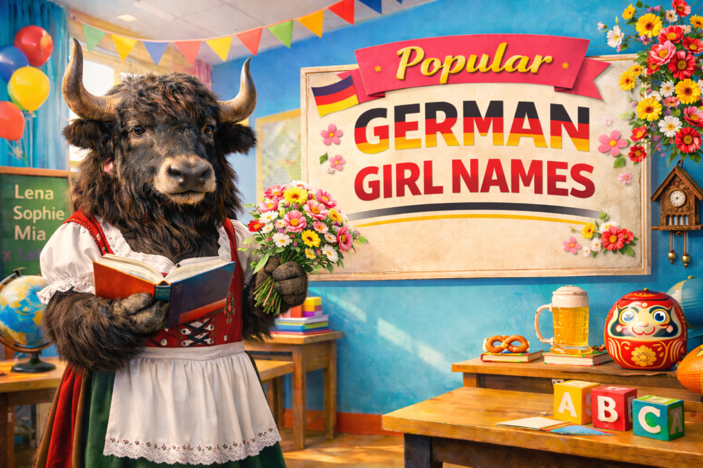 A personified yak German teacher that teaches German girl names, popular German baby girl names, and name meanings.