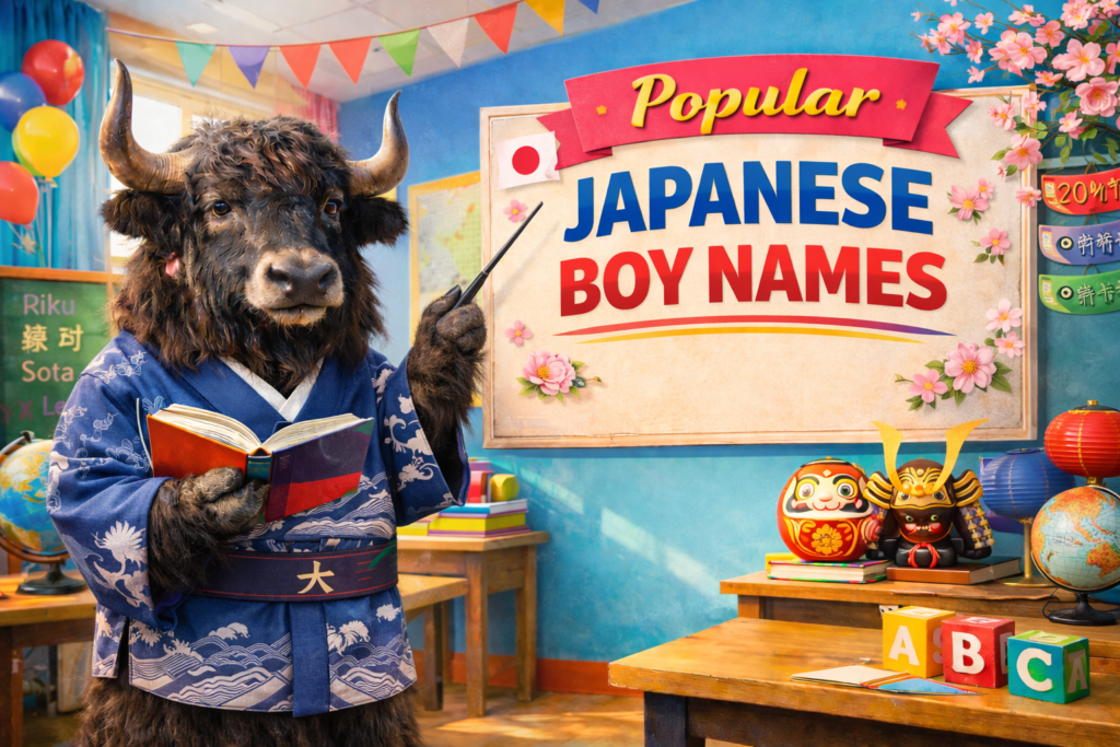 A personified yak Japanese teacher that explains popular boy names in Japanese with kanji, rōmaji, and meanings.