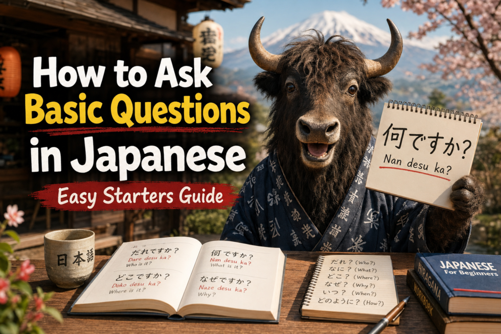 Person learning basic Japanese question phrases from a textbook and notes.