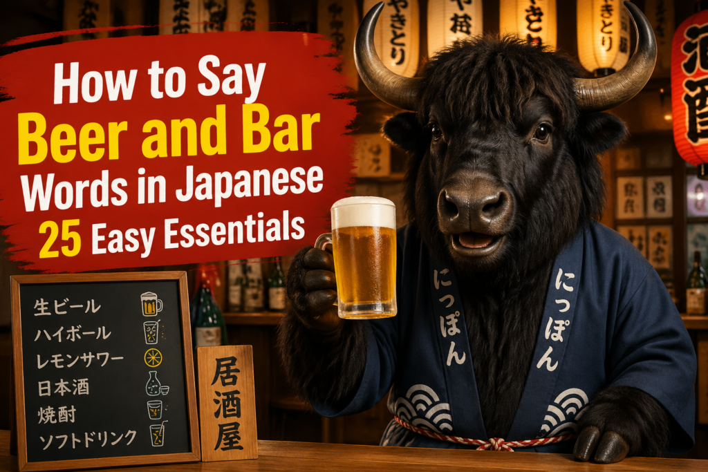 Japanese beer menu and bar scene with common drink-related words in Japanese.