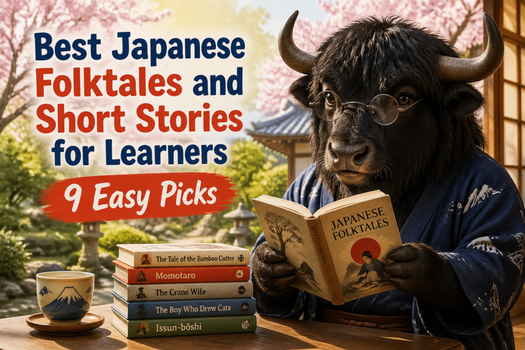 Stack of Japanese folktale books with simple text, ideal for language learners reading short stories.