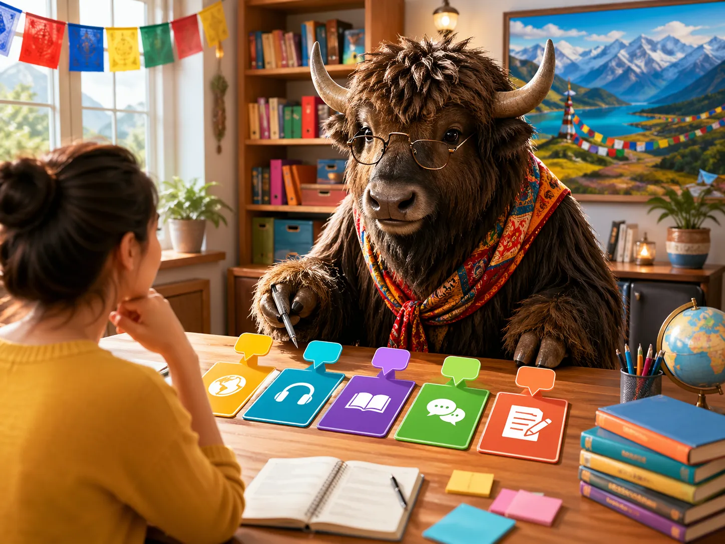 Personified Yak Yacker yak surrounded by language learning resources and study materials