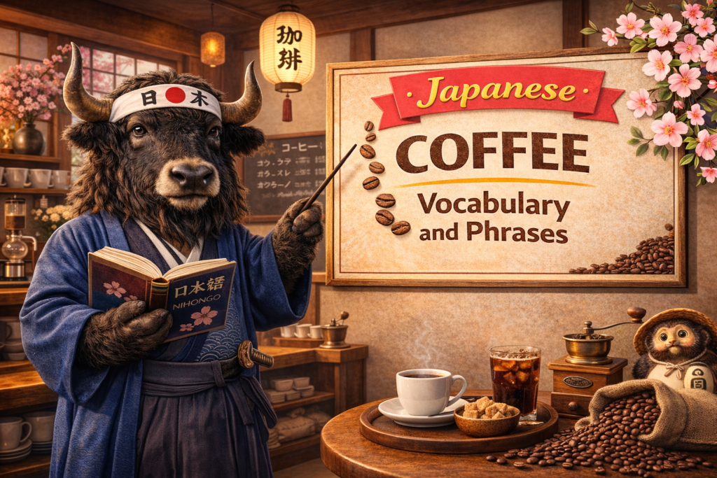 A personified yak Japanese teacher that teaches Japanese coffee vocabulary and phrases for beginners in a cafe.