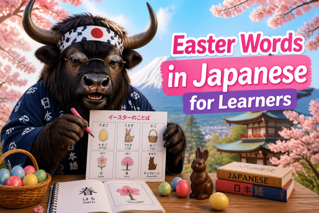 Japanese Easter vocabulary worksheet with spring symbols