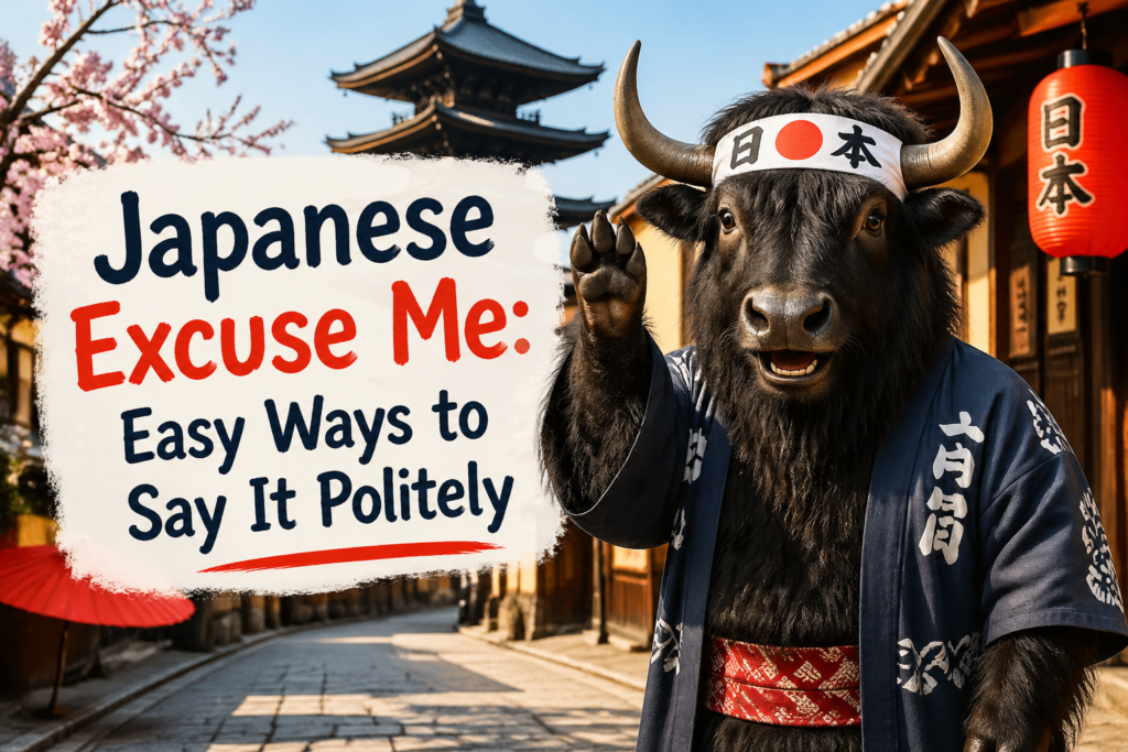 A person politely saying “excuse me” in Japanese, with text highlighting the phrase and pronunciation.
