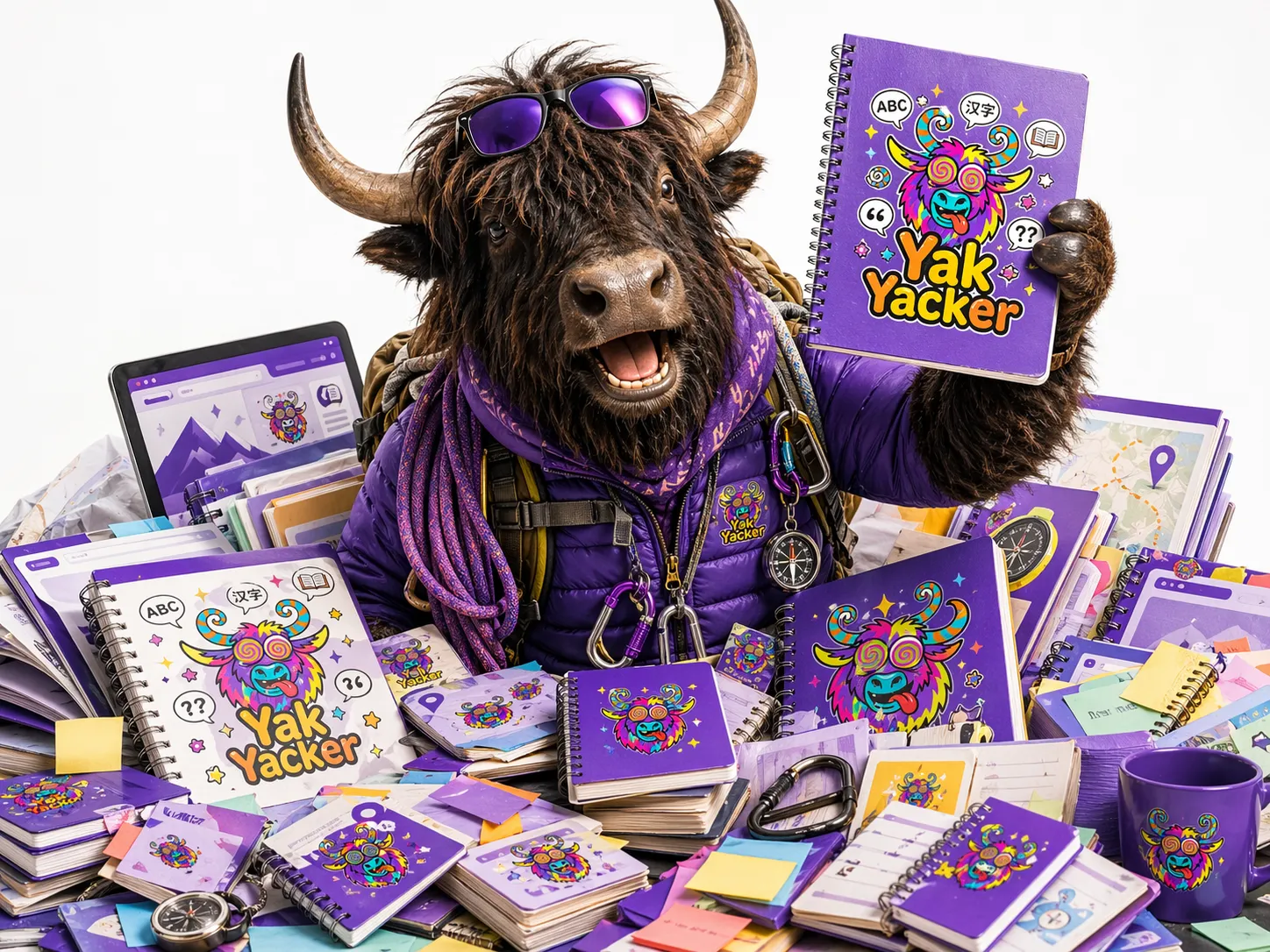 A funny Yak Yacker yak holding up a starter guide from a pile of language-learning resources.