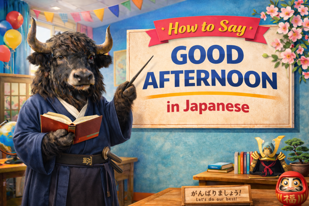 A personified yak Japanese teacher that teaches how to say good afternoon in Japanese with こんにちは, polite timing, and real-life examples.