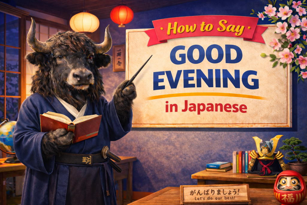 A personified yak Japanese teacher that explains how to say good evening in Japanese with こんばんは, konbanwa, and real examples.