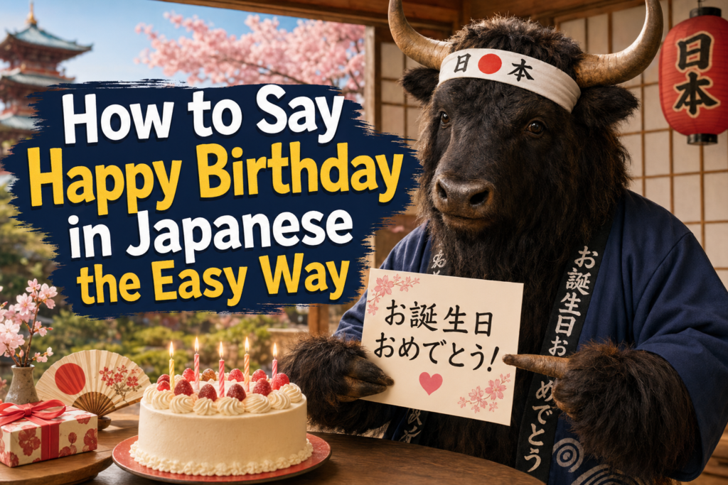 Birthday cake with Japanese text and festive decorations, illustrating how to say Happy Birthday in Japanese.