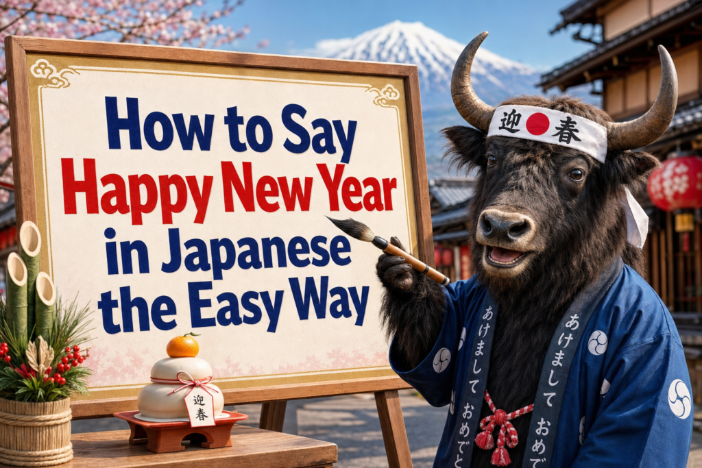 Japanese New Year greeting written in Japanese characters, illustrating how to say “Happy New Year” in Japanese.