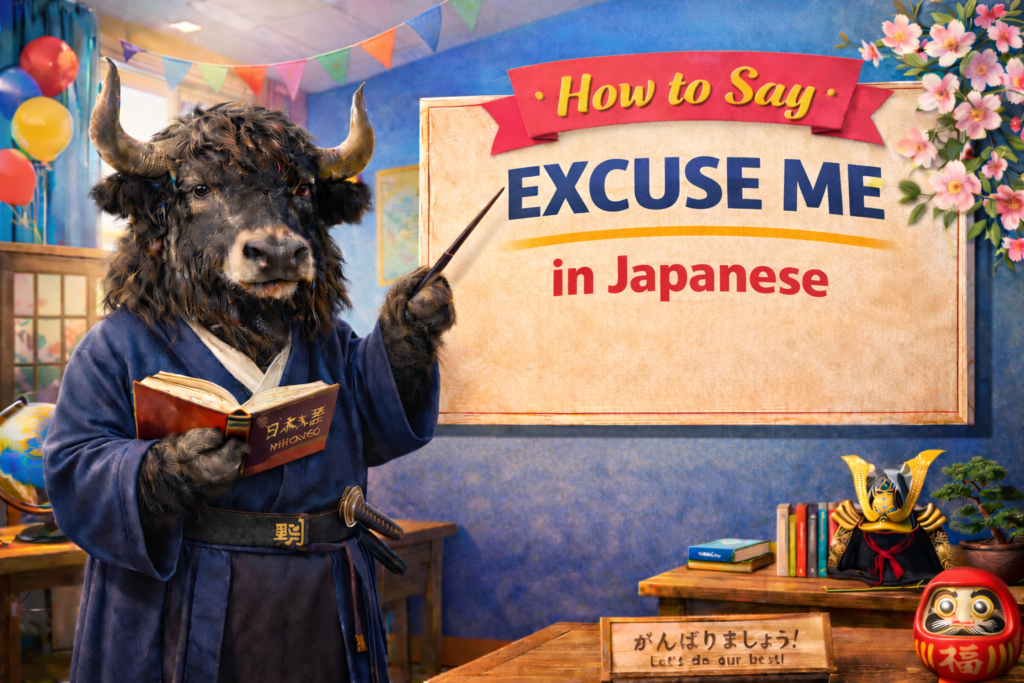 A personified yak Japanese teacher that explains how to say excuse me in Japanese with sumimasen and polite real-life phrases.