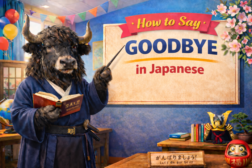 A personified yak Japanese teacher that teaches goodbye in Japanese with real-life farewell phrases.