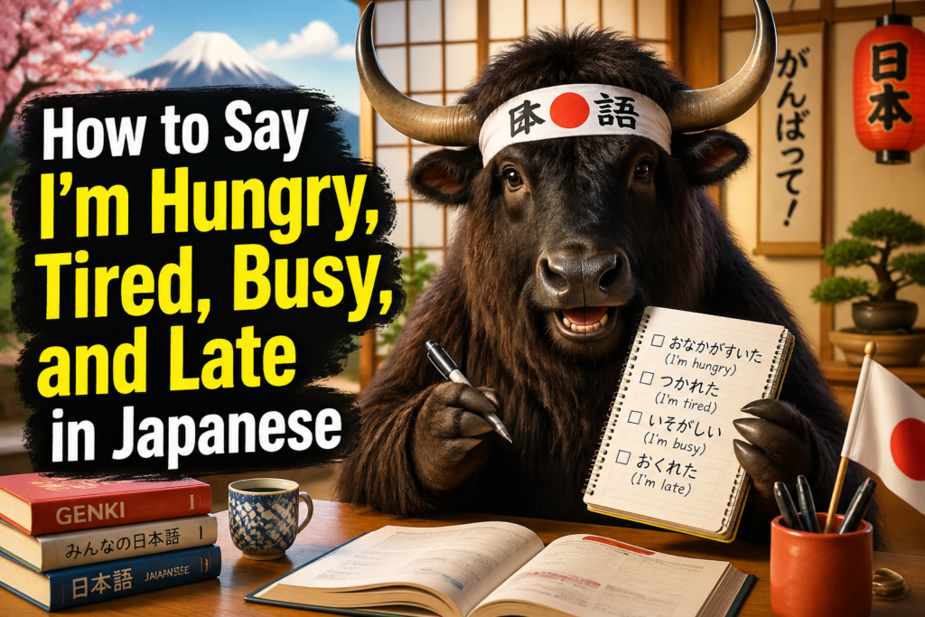 Japanese language learner studying everyday phrases like “I am hungry,” “tired,” “busy,” and “late” with notes and speech bub