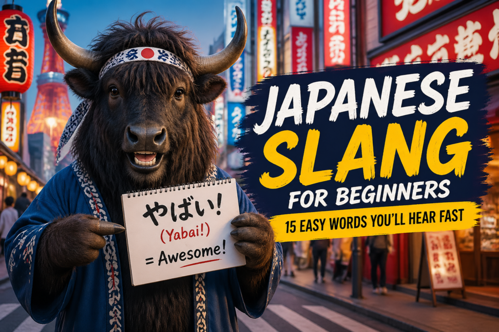 Young traveler in Tokyo smiling while reading a phrasebook, with colorful Japanese slang words and neon city signs in the bac
