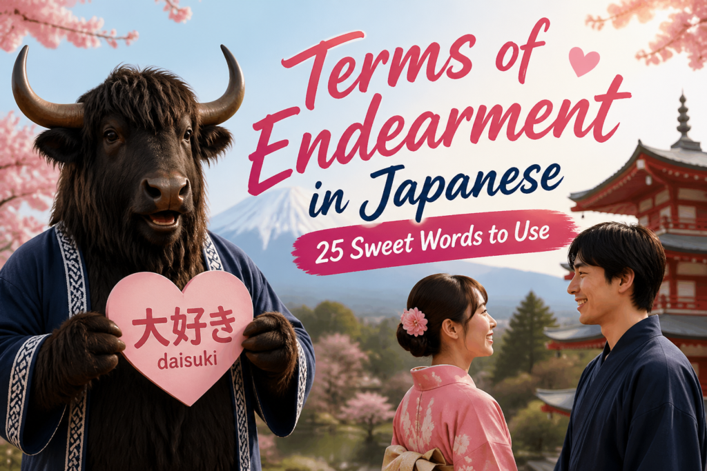 Japanese couple exchanging affectionate terms of endearment with kanji and kana characters in the background.