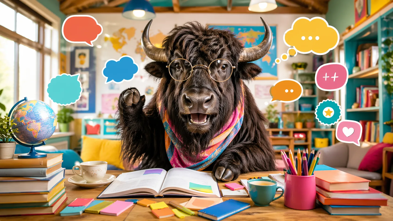 A personified yak in a friendly English learning scene.