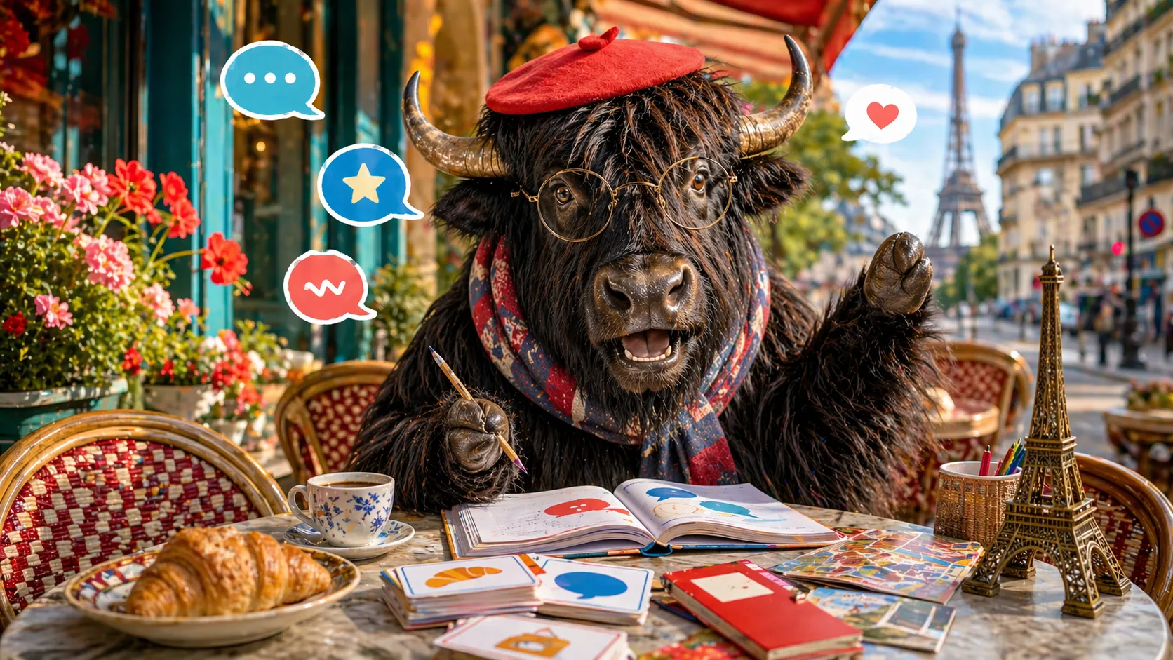 A personified yak learning French in a cozy cafe study scene.