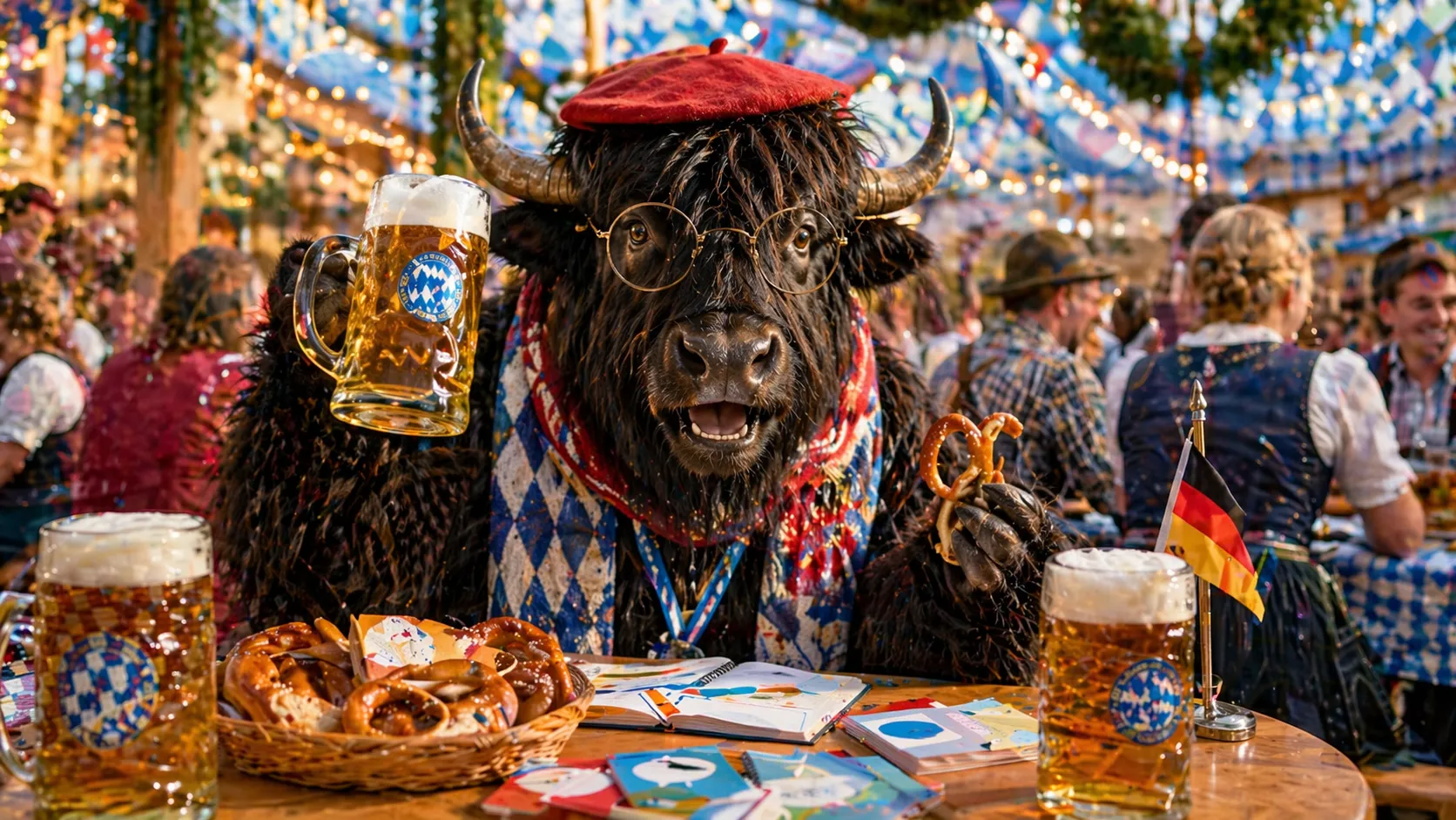 A personified yak learning German in a tidy study scene.