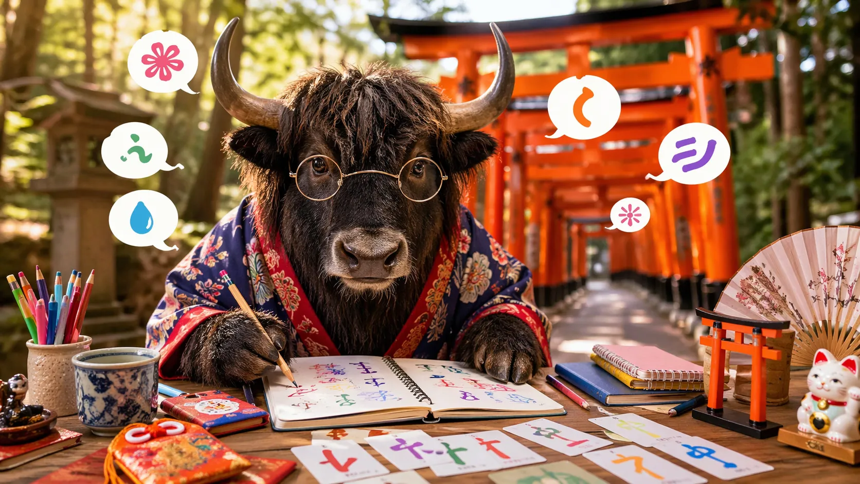 A personified yak learning Japanese with stationery and study cards.