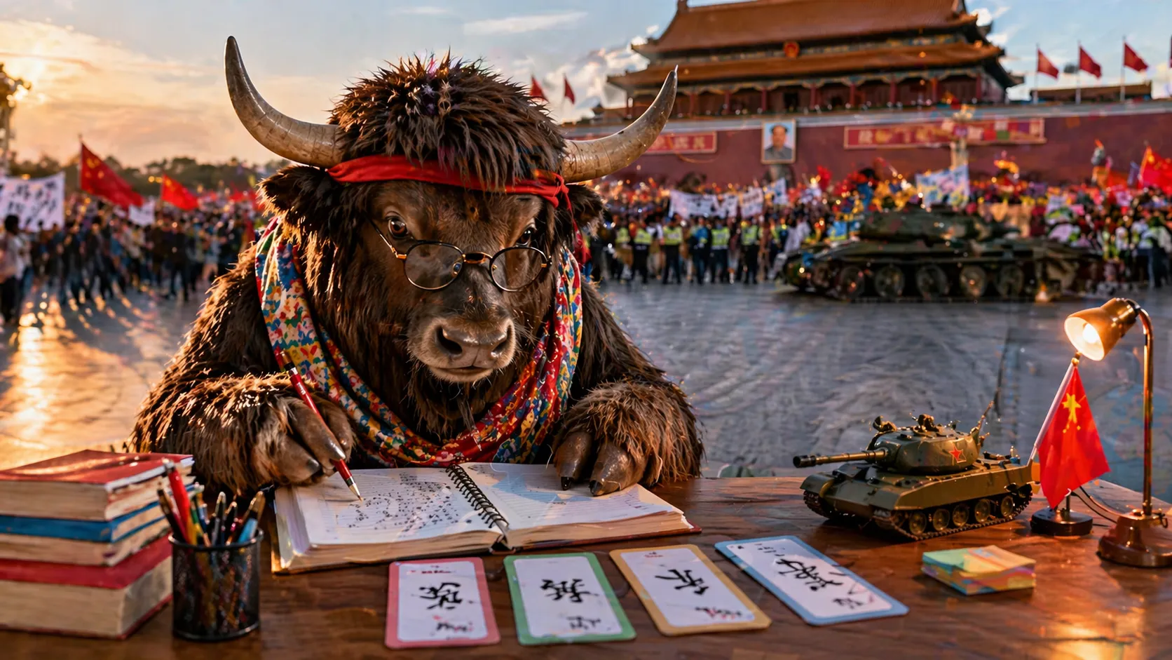 A personified yak studying Simplified Chinese and Mandarin.