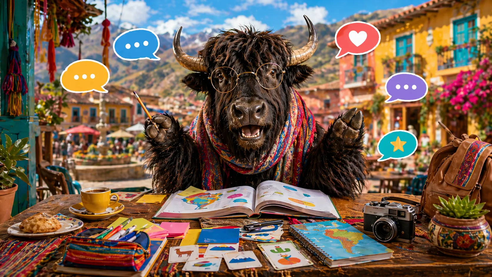 A personified yak learning Spanish with warm travel and study objects.
