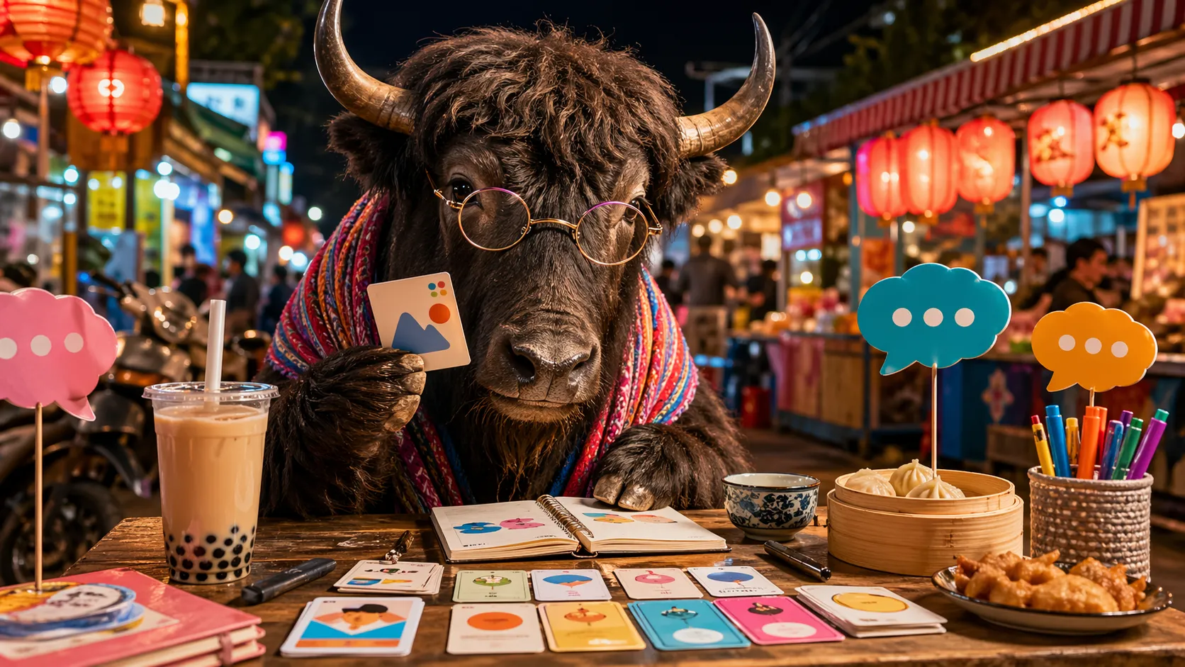 A personified yak studying Traditional Chinese and Taiwan Mandarin.