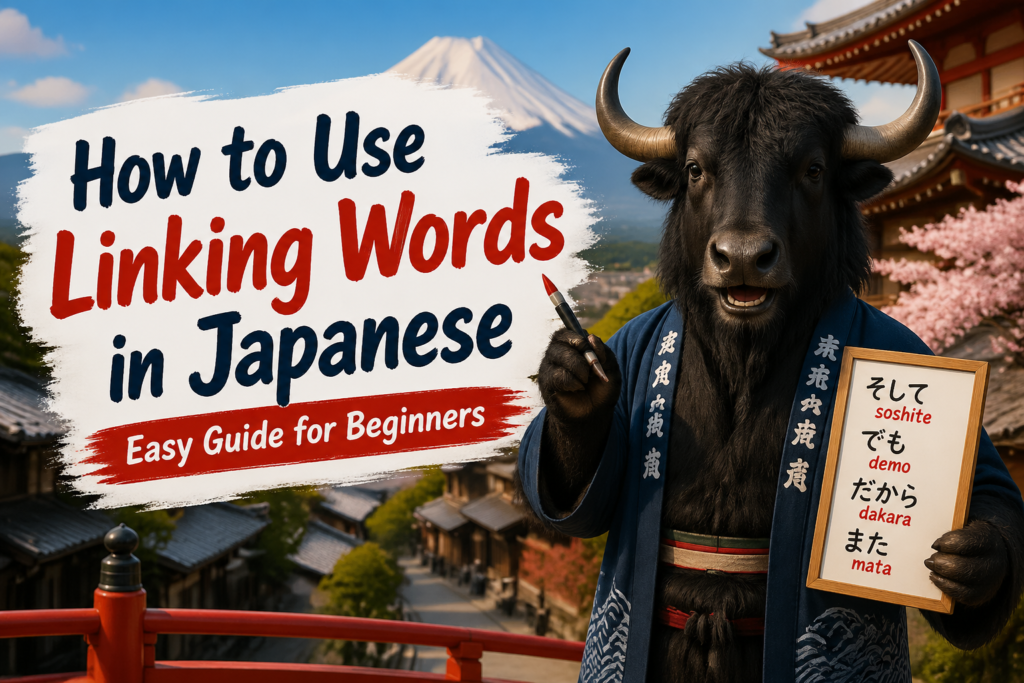 Illustration of Japanese linking words and conjunctions connecting phrases and ideas in a language learning context.