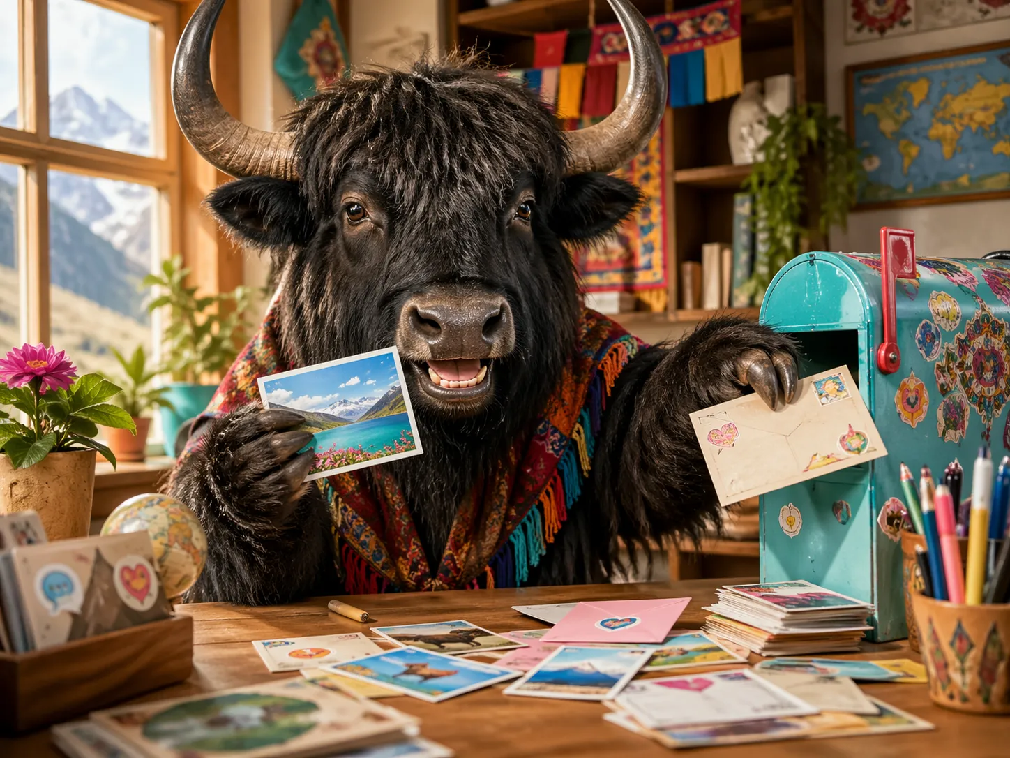 A friendly yak sending cheerful language-learning postcards.