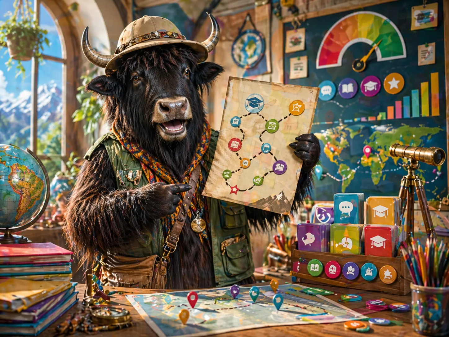 A personified yak showing tests, vocabulary, and flashcards as connected next steps.