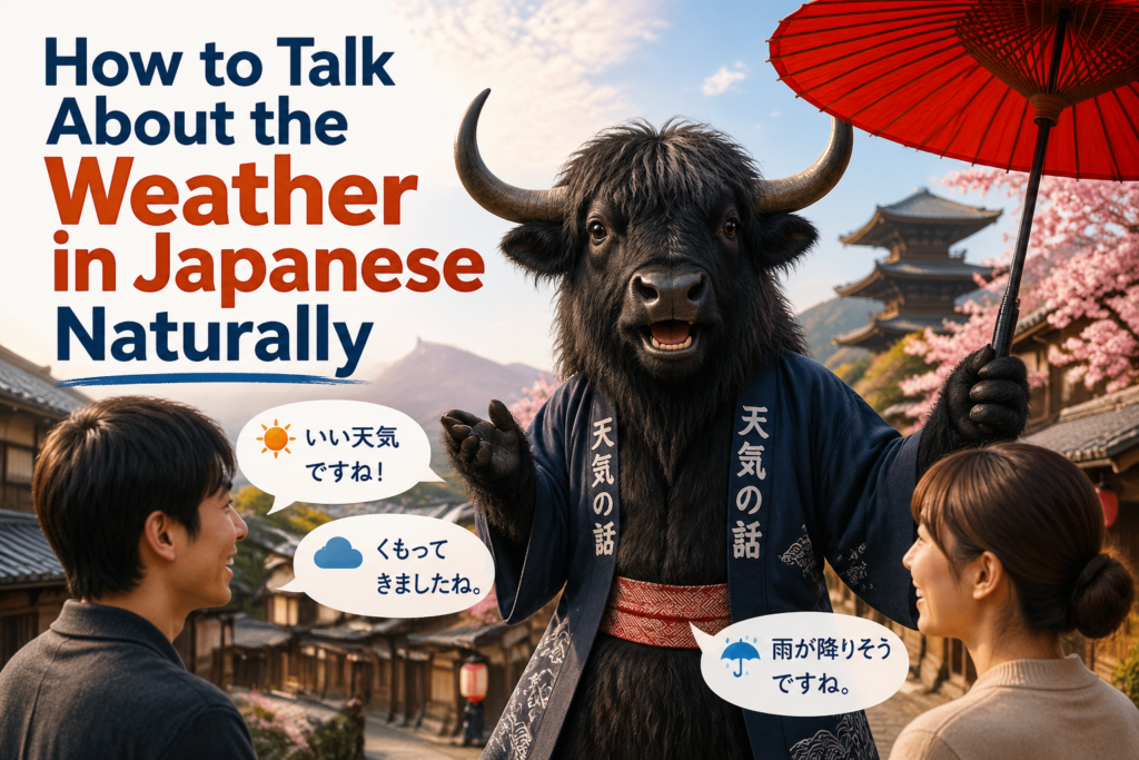 Japanese learners chatting about the weather with speech bubbles showing common phrases and weather icons.