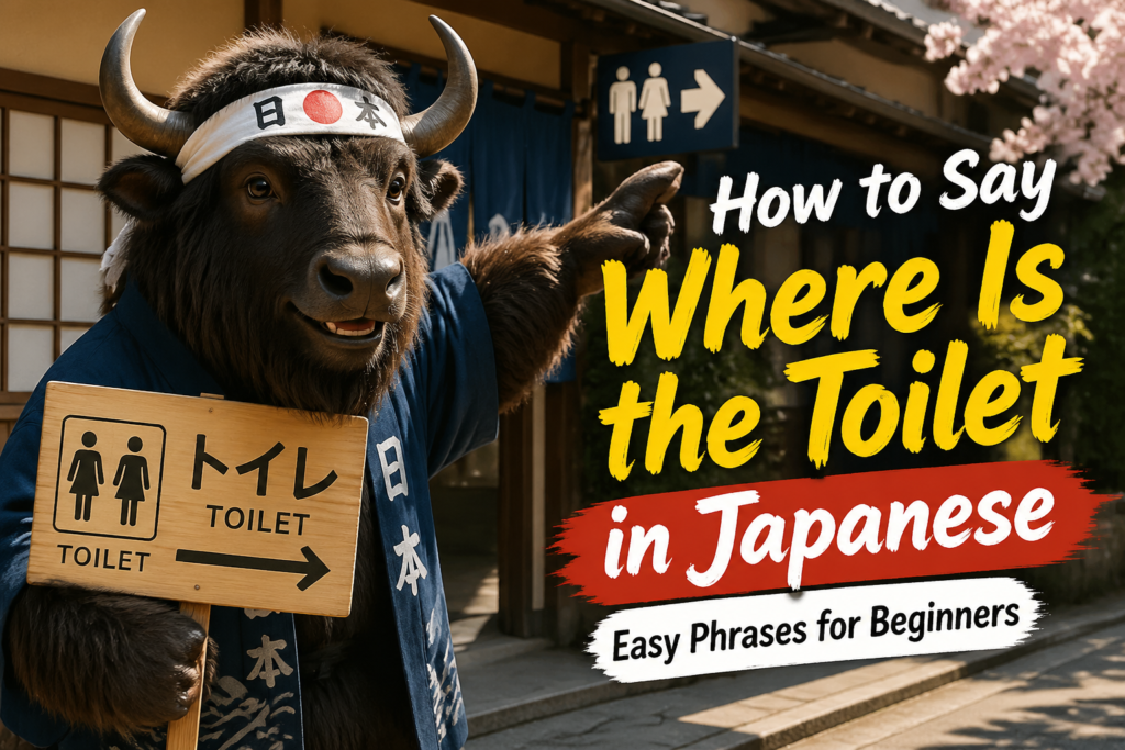 Japanese phrase meaning “Where is the toilet?” written as 「トイレはどこですか?」.