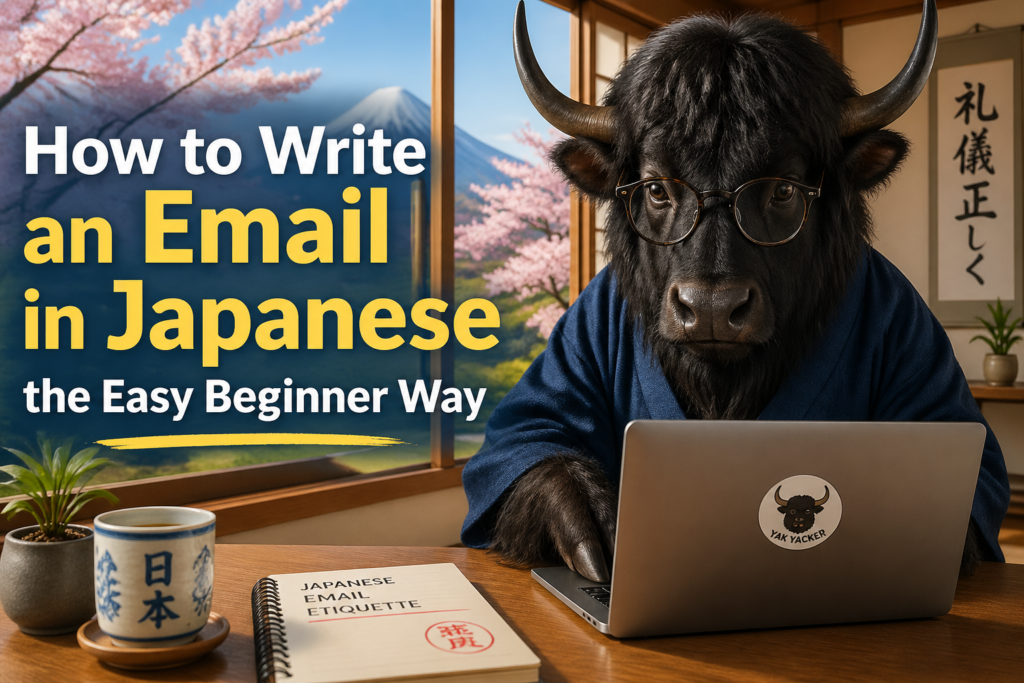 Person typing a formal Japanese email on a laptop, with Japanese text and etiquette notes on screen.