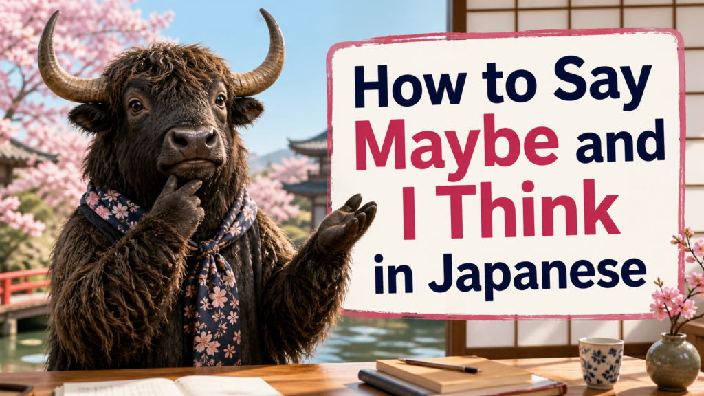 a personified yak pointing to a sign that says how to say maybeand i think in japanese