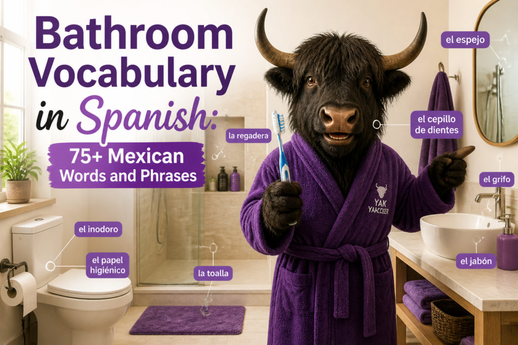 Bathroom items labeled with Spanish vocabulary