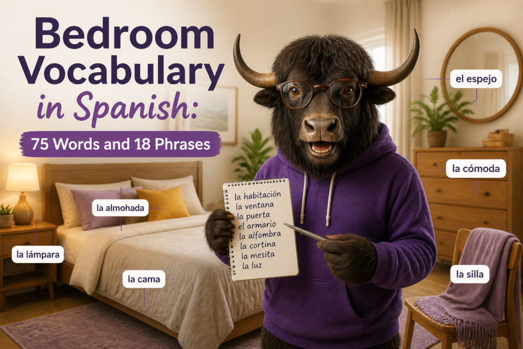 Bedroom items labeled with Spanish vocabulary