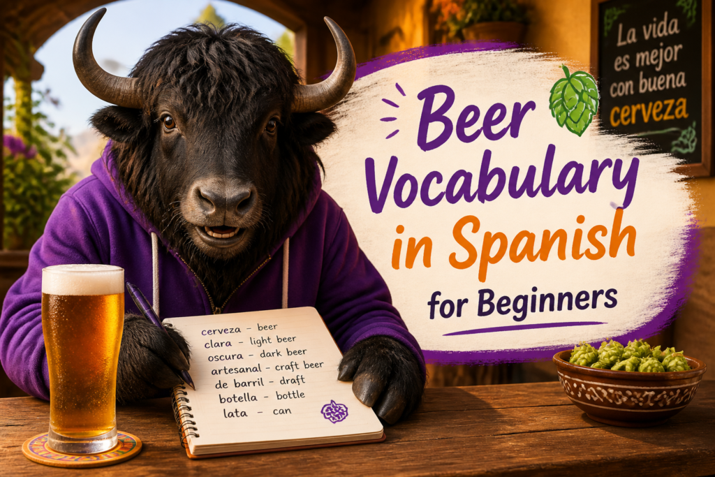 Beer vocabulary in Spanish with a glass of beer and handwritten notes