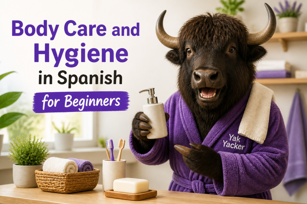 Spanish body care and hygiene vocabulary with soap and towel imagery