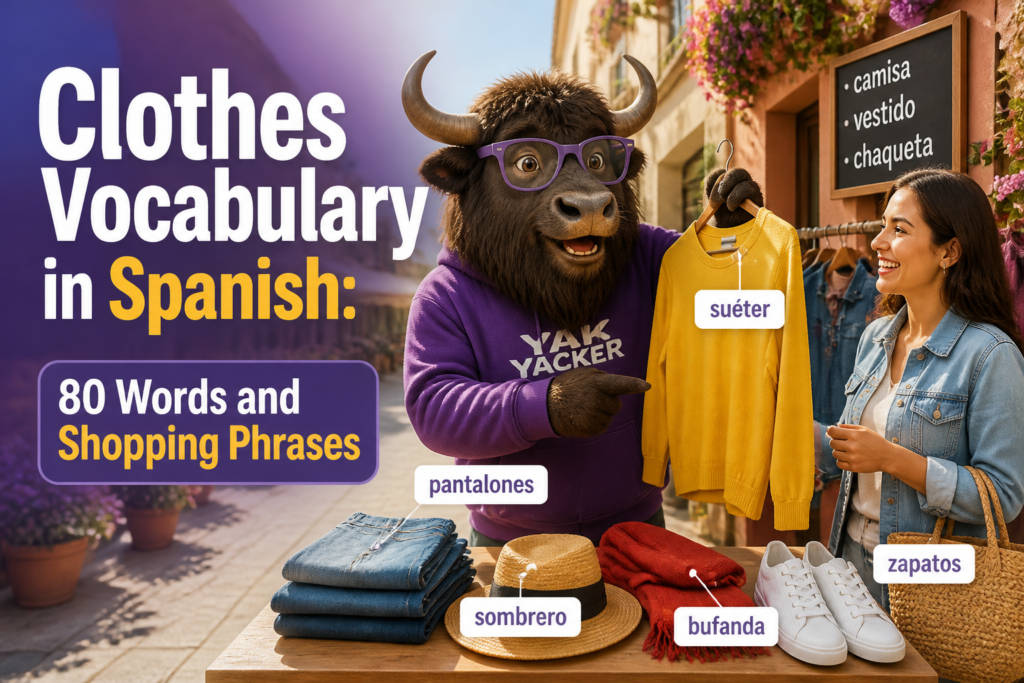 Clothing items labeled with Spanish vocabulary