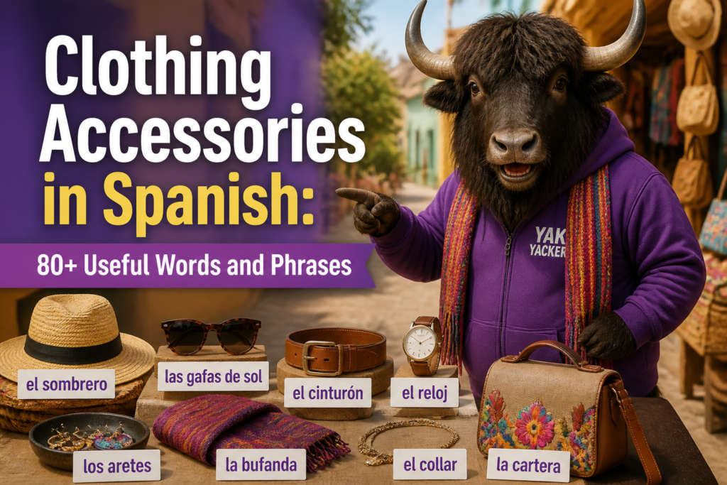 Clothing accessories labeled with Spanish words