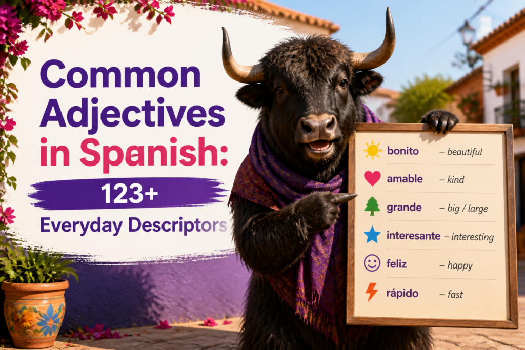 Spanish adjectives displayed with descriptive icons