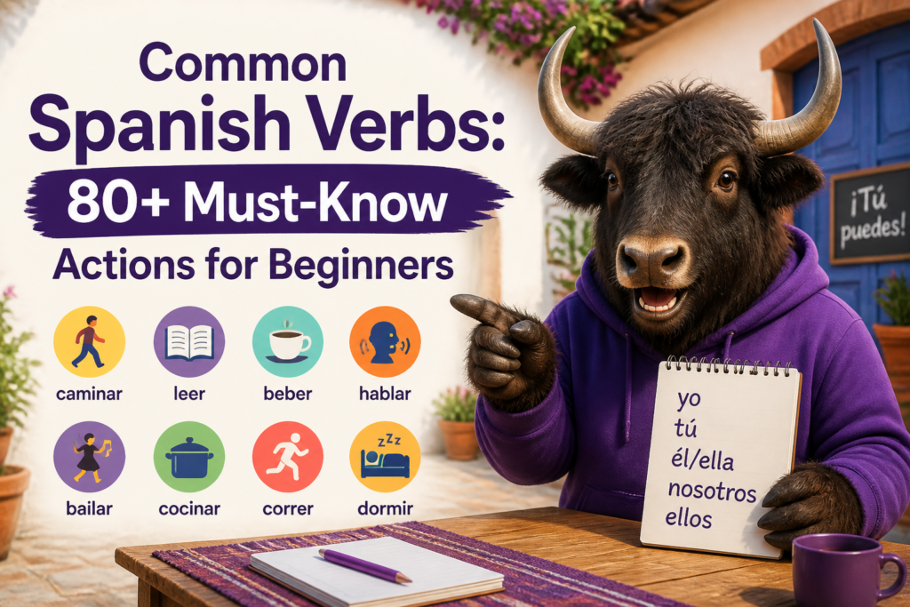 Beginner Spanish verbs shown with everyday action icons