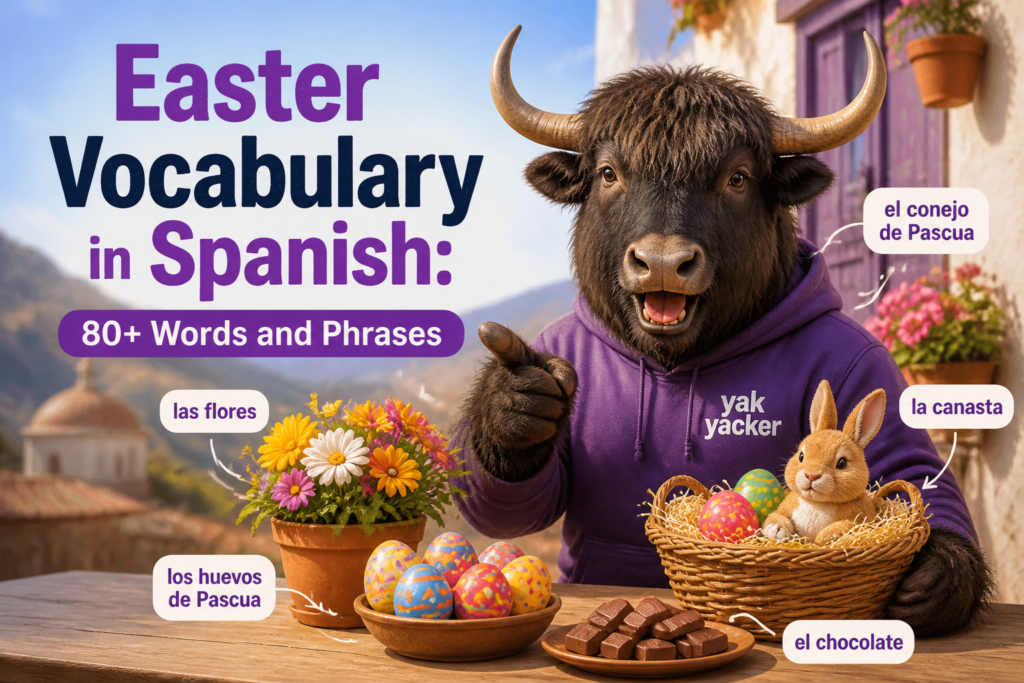 Easter symbols labeled with Spanish vocabulary