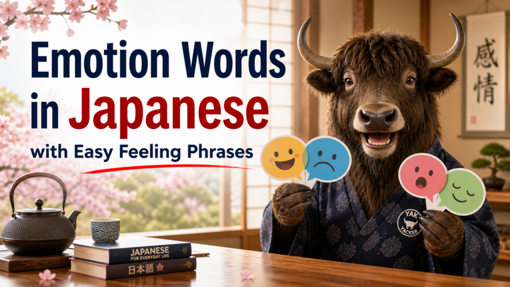 a personified yak teacher pointing at a sign that says emotion words in Japanese