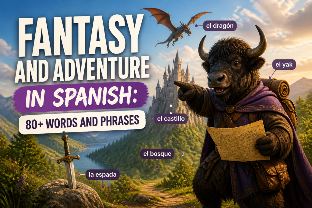Fantasy adventure scene labeled with Spanish vocabulary