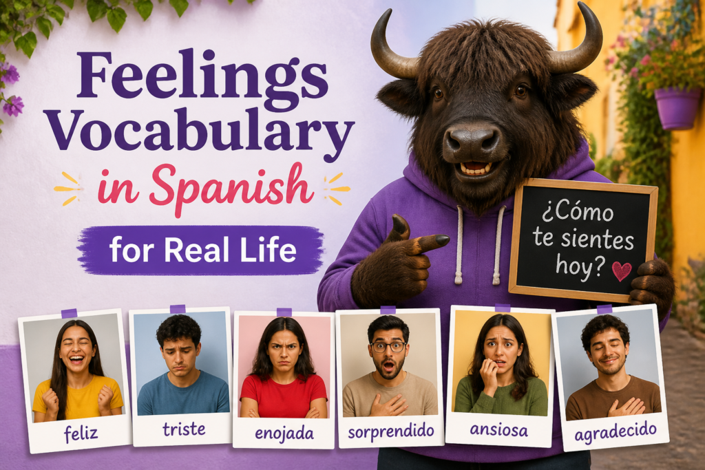 Spanish feelings vocabulary list with expressive faces illustration