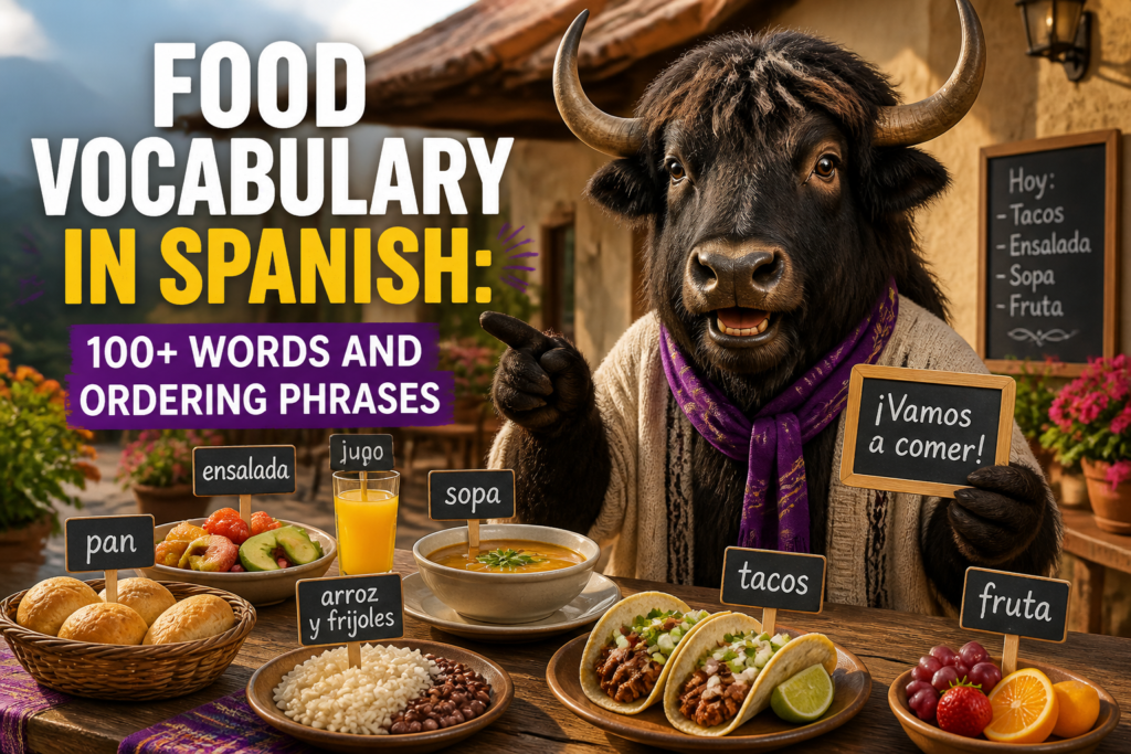 Foods labeled with Spanish vocabulary words
