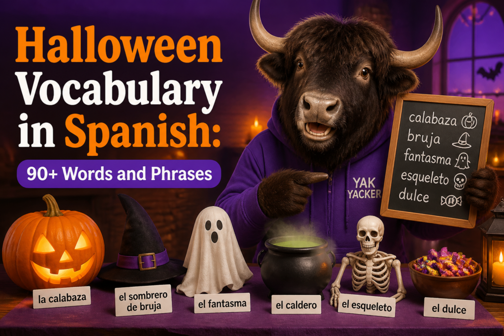 Halloween items labeled with Spanish vocabulary